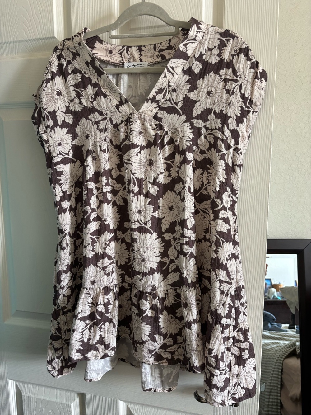 Carly Jean Los Angeles Brown Floral Mini Dress with White Daisy Print